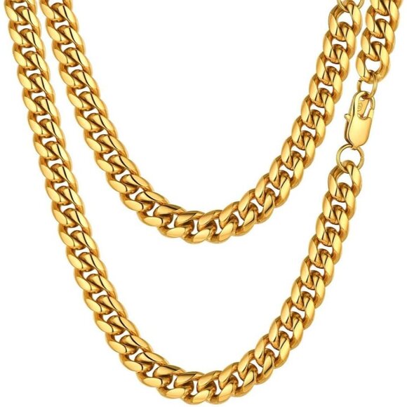 316L Stainless Steel Figaro Cuban Chain Necklace for Men Black/18K Real Gold Pl
